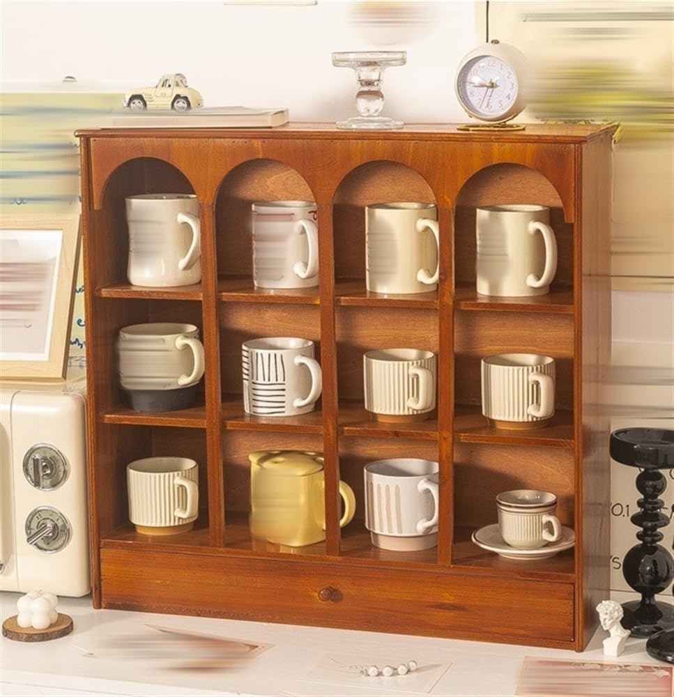 Porte-tasses à café en bois à 3 niveaux avec tiroir, étagère de présentation vintage pouvant contenir 12 tasses, organiseur de cuisine rustique, économiseur d'espace