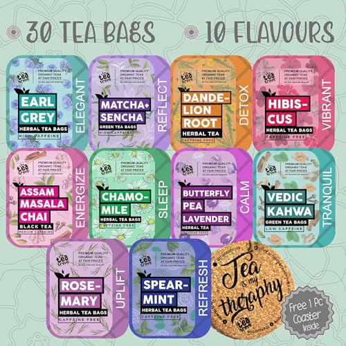 Image of The Tea Trove Assorted Tea Sampler Pack - Flavoured Gift Set (30 Count) With Coaster Hampers | Gift Box Including Green, Organic Herbal & Black Tea Bags