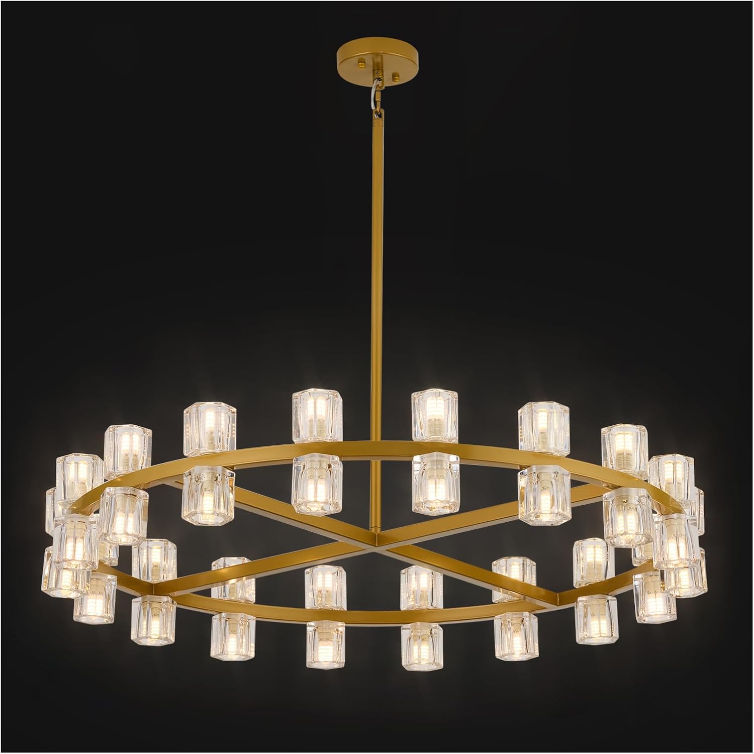 Modern 36 Inch Black Crystal Wagon Wheel Chandelier, Large Round 36-Light Pendant Lighting Fixture, Adjustable Height for High Ceilings Living Room, Dining Room, Foyer, Entryways (BLACK-36in)