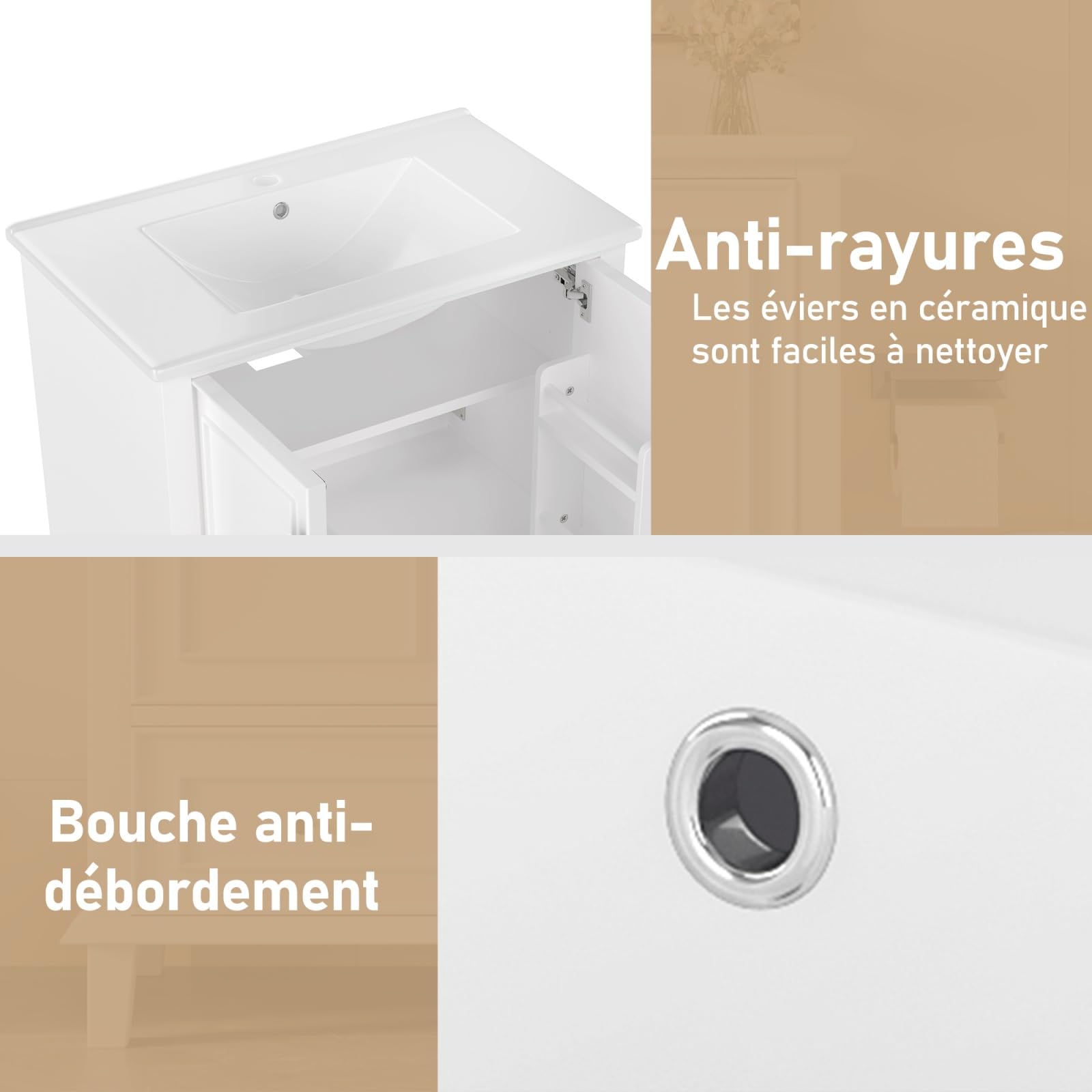 Mobile sottolavello, mobile da bagno con lavabo in ceramica incorporata, mobile portaoggetti con 2 ante e cassetti, gambe in legno massello, design moderno (bianco)
