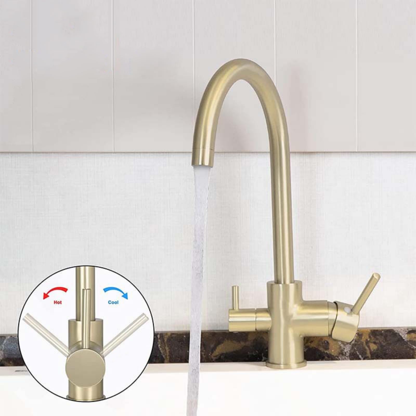 Grifo Osmosis 3 Vias Oro Cepillado Grifo de Cocina Fregadero Osmosis con Palanca Doble Mezclador Grifo de Cocina para Agua Potable
