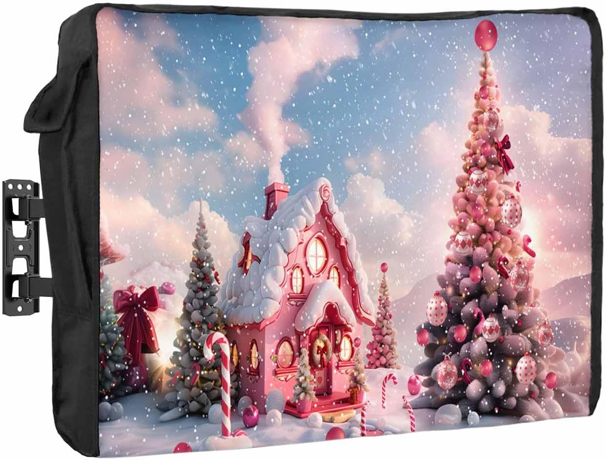 Christmas Tree Pink Outdoor TV Cover 40"-43" - 600D Waterproof TV Cover Weatherproof TV Screen Protector Dustproof Winter Xmas Candy House TV Display Protector for Outside Flat Screen TV