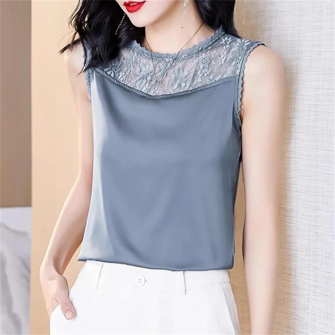 Canotta da donna in raso di seta con scollo a V primaverile estate moda patchwork pizzo ricamato canotte