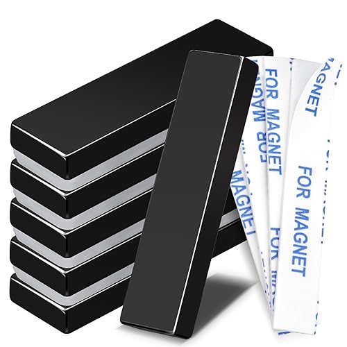 TRYMAG Pack de 6 barras de imanes de neodimio resistentes de 40x10x5mm en color negro con respaldo adhesivo, tiras de imanes de tierras raras