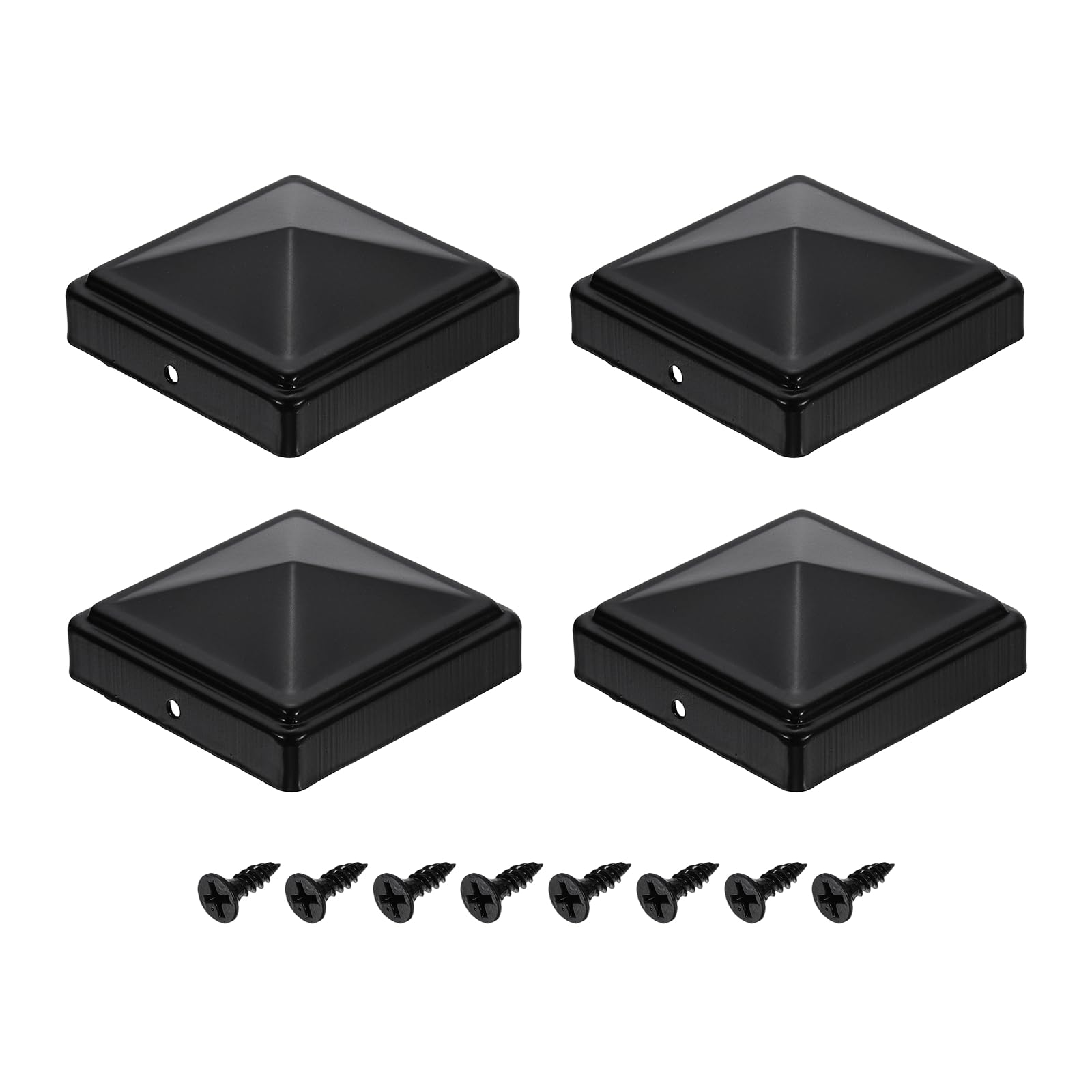 sourcing map 4Pcs Fence Post Caps, 80mm/3.15-inch Square Column Cap, Waterproof Iron Pyramid Post Cap Cover with Screws Fit for Metal Wood Fence Deck Mailbox Patio, Black
