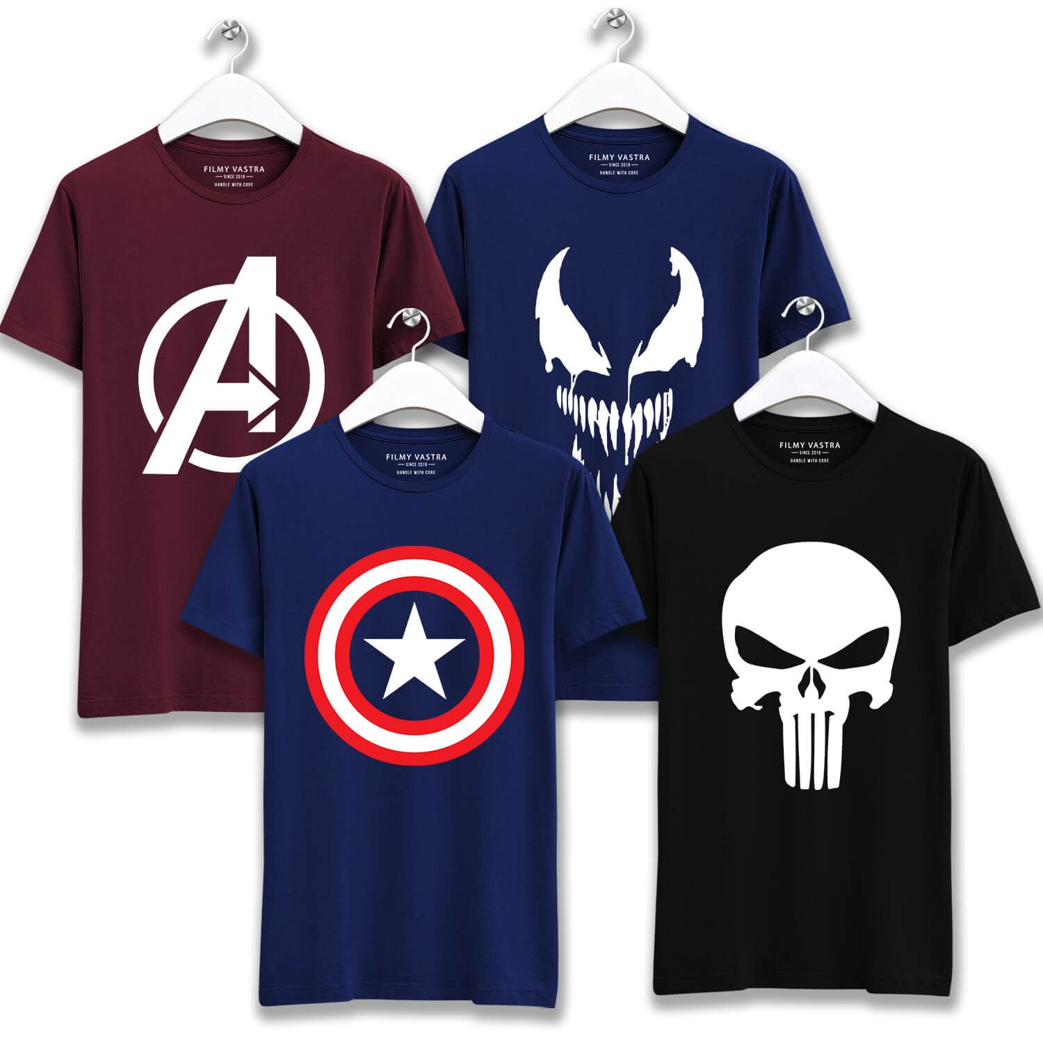 Filmy Vastra Men's & Women's Superhero Marvel Combo Avenger, Captain America, Punisher & Venom T-Shirts Half Sleeve Roundneck 100% Cotton Tshirt (Pack of 4)