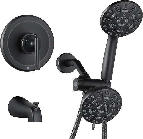 Shower Tub Faucet Head Set Black : WOWOW Black Shower Head and Handle Set with 7 Modes Handheld Shower Head with Hose and Tub Spout, Dual 2 In 1 Shower System Combo Single Handle (Brass Valv