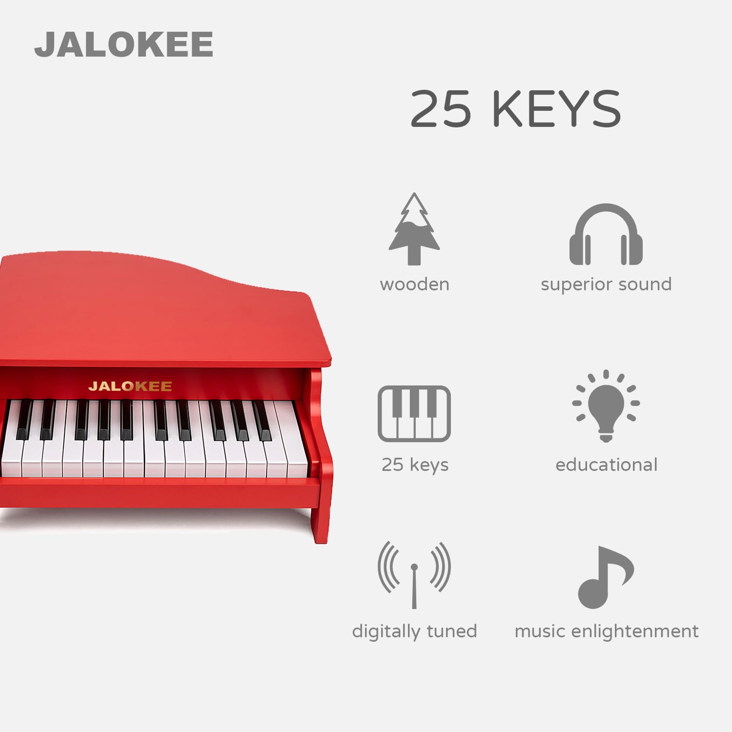 Teclado de piano para niños, piano de cola de 25 teclas para niños, mini juguete de instrumento educativo musical, volumen ajustable, juguete de madera para niños pequeños y niñas (rojo) 2