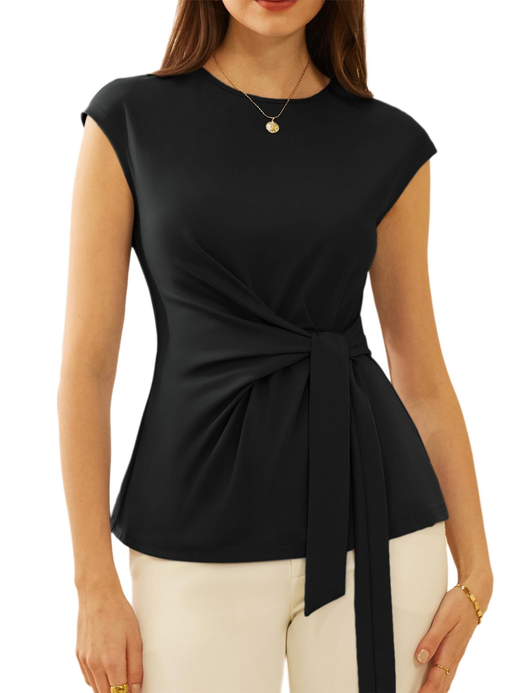 GRACE KARIN Blusa de manga casquillo para mujer, cuello redondo, detalle de lazo, informal, tipo túnica