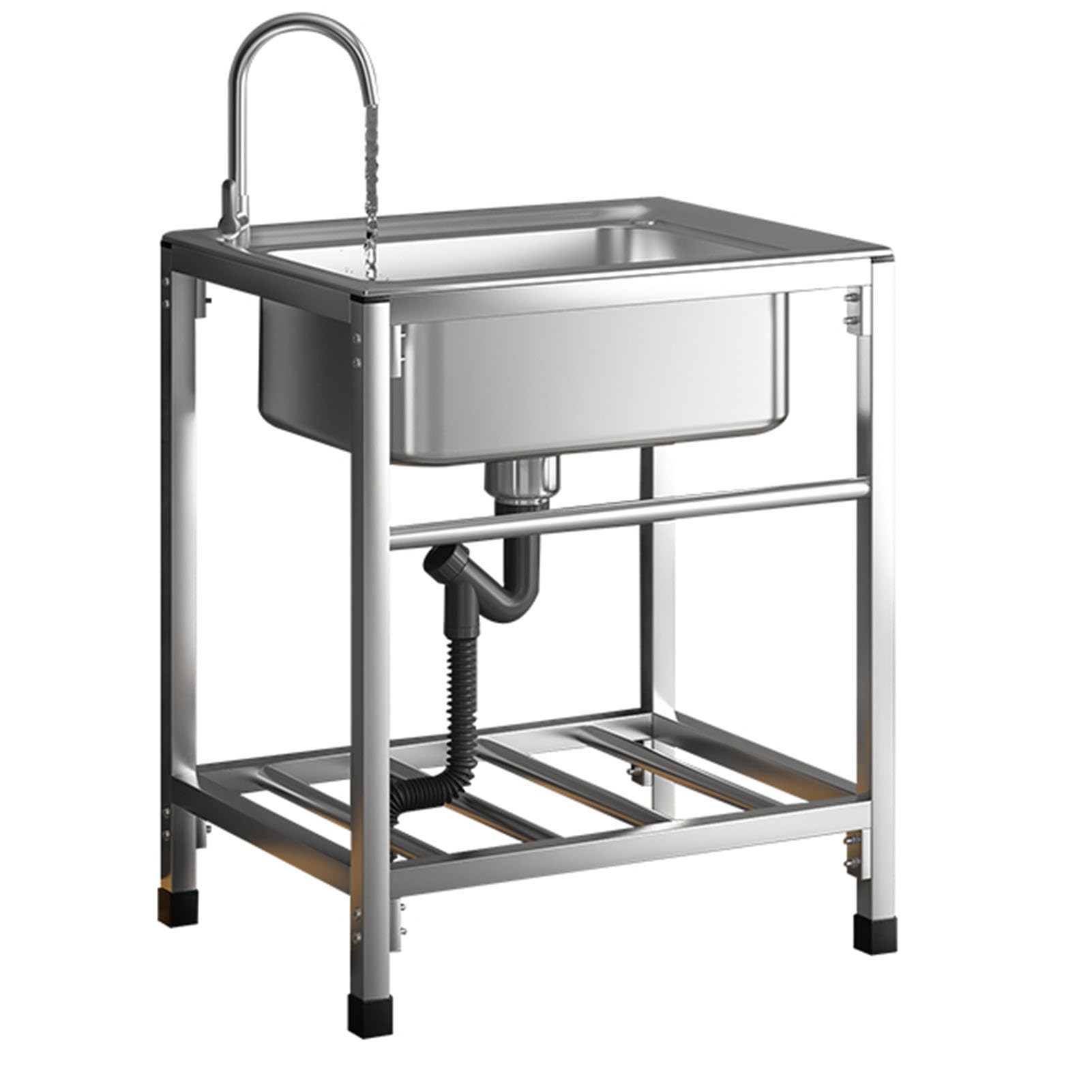 ZQFHSX Outdoor Sink Single Bowl, Stainless Steel Commercial Sink, Free Standing Kitchen Portable with Faucet, for Bar, Laundry, Garage, Backyard (53×38×75cm)