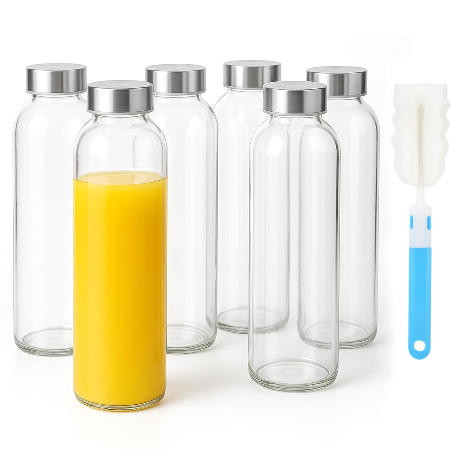 Sursip Juego de 6 botellas de agua de vidrio de 24 onzas, botella de jugo de vidrio transparente para exprimir, botellas reutilizables con tapa de acero inoxidable, recipientes de almacenamiento de