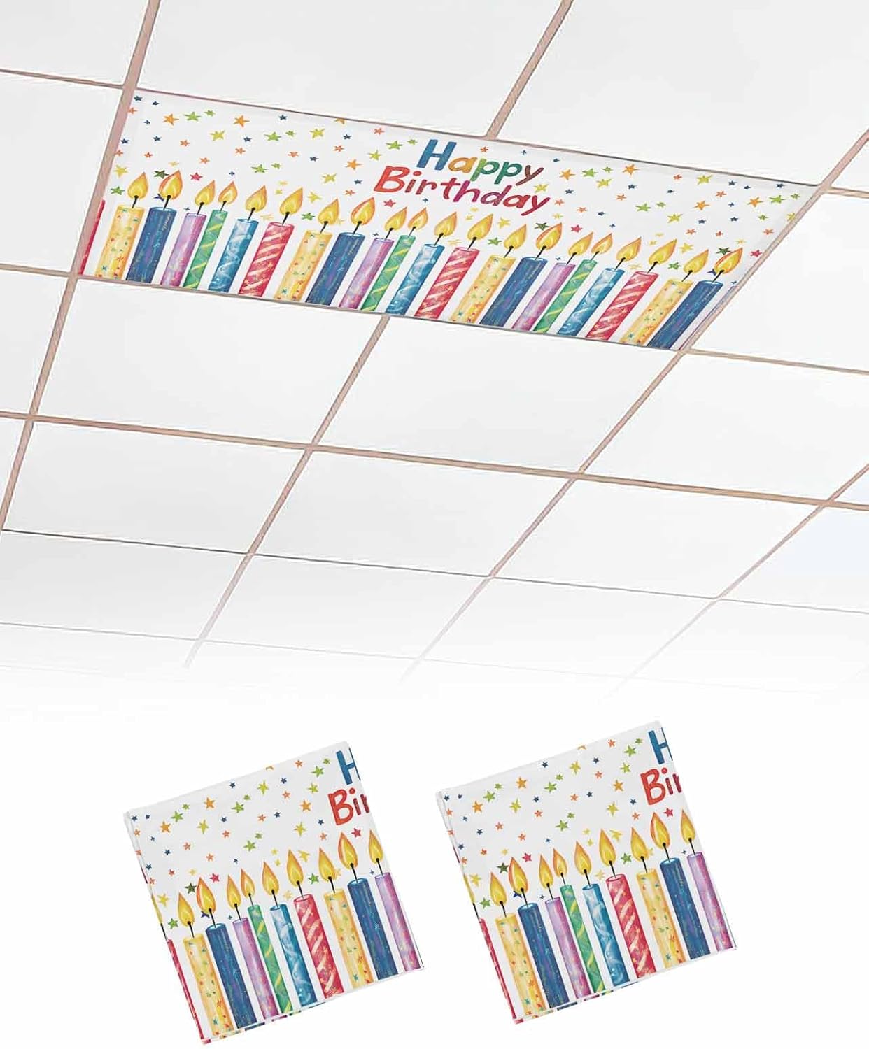 Fluorescent Light Covers Happy Birthday Light Covers for Ceiling Lights Colorful Candles Pentagram Classroom Lights Filters Cover Magnetic for Office School Home 2 Pieces