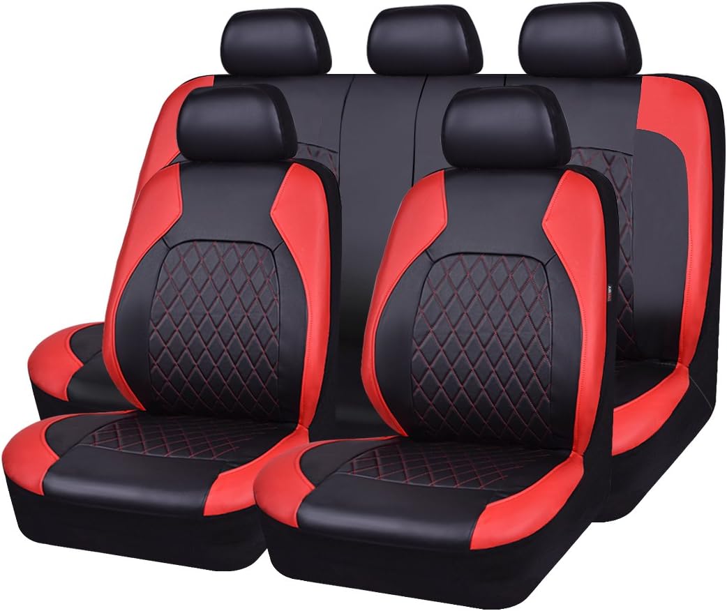 HORSE KINGDOM Universal Car Seat Covers Faux Leather Full Seat 11 pcs Airbag Compatible Breathable (Black with Red)