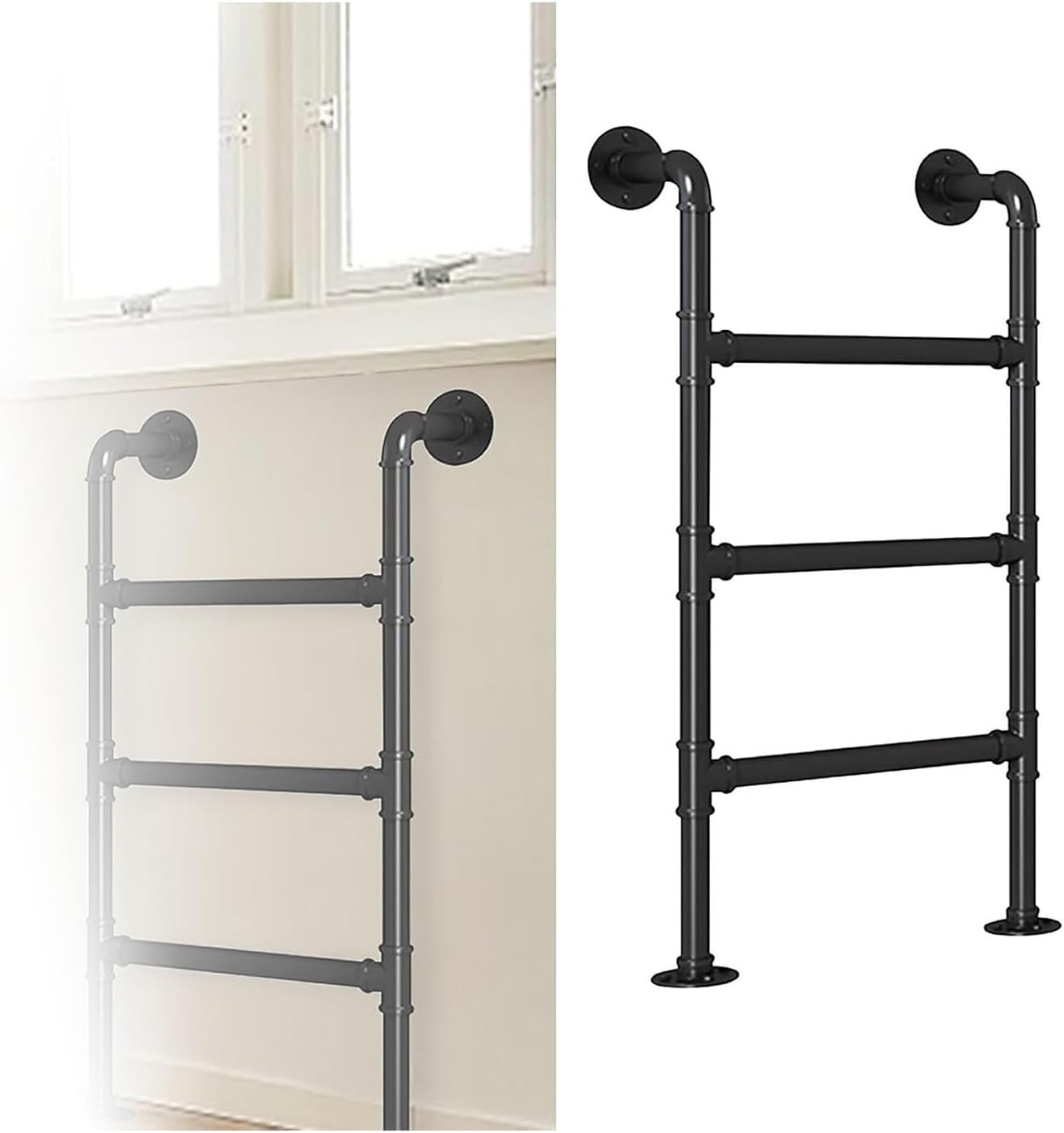 Three-Tier Double Bunk Bed Ladder, Black Wrought Iron Industrial Pipe, Basement Window Well Escape, Suitable for Exits, Attics, Lofts, RVs, Patios(Black)