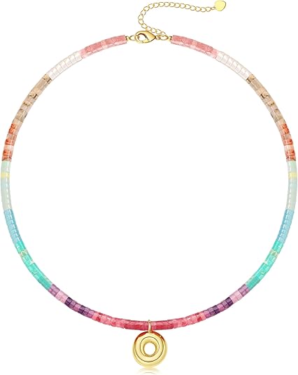 Beaded Initial Necklaces for Women Teen Girl Gifts Trendy Stuff Colorful Gemstone Choker Necklace with Bubble A-Z Stocking Stuffers for Teens Christmas Gifts for Her Birthday Summer Beach Jewelry for Daughter Sister Friend