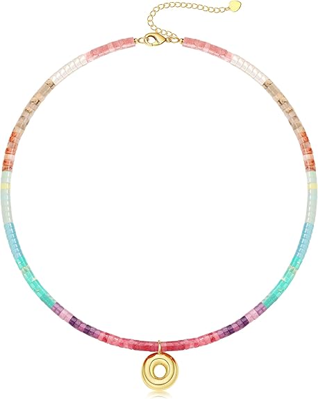 Beaded Initial Necklaces for Women Teen Girl Gifts Trendy Stuff Colorful Gemstone Choker Necklace with Bubble A-Z Stocking Stuffers for Teens Christmas Gifts for Her Birthday Summer Beach Jewelry for Daughter Sister Friend