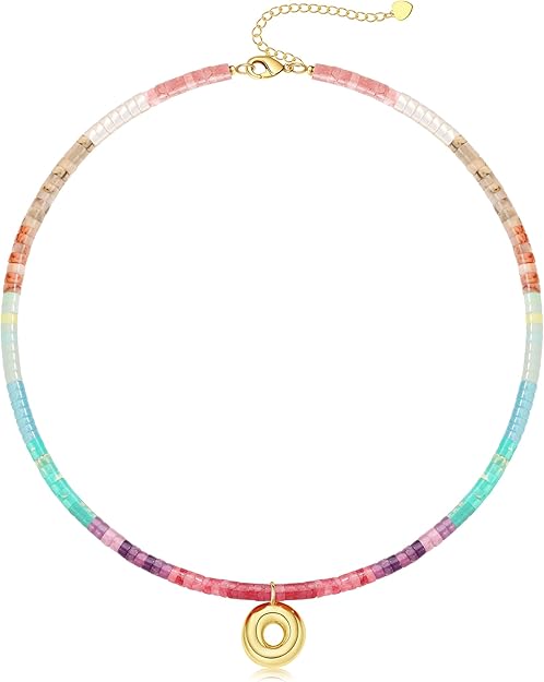 Beaded Initial Necklaces for Women Teen Girl Gifts Trendy Stuff Colorful Gemstone Choker Necklace with Bubble A-Z Stocking Stuffers for Teens Christmas Gifts for Her Birthday Summer Beach Jewelry for Daughter Sister Friend