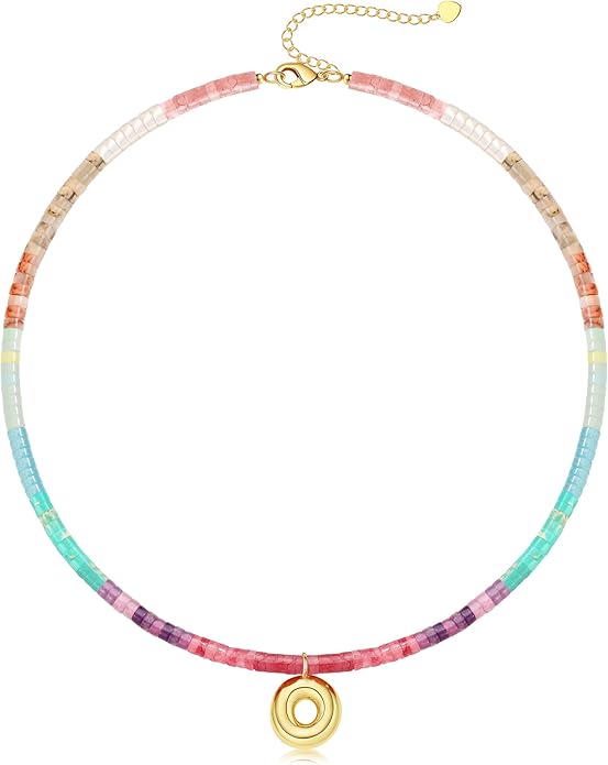 Beaded Initial Necklaces for Women Teen Girl Gifts Trendy Stuff Colorful Gemstone Choker Necklace with Bubble A-Z Stocking Stuffers for Teens Christmas Gifts for Her Birthday Summer Beach Jewelry for Daughter Sister Friend