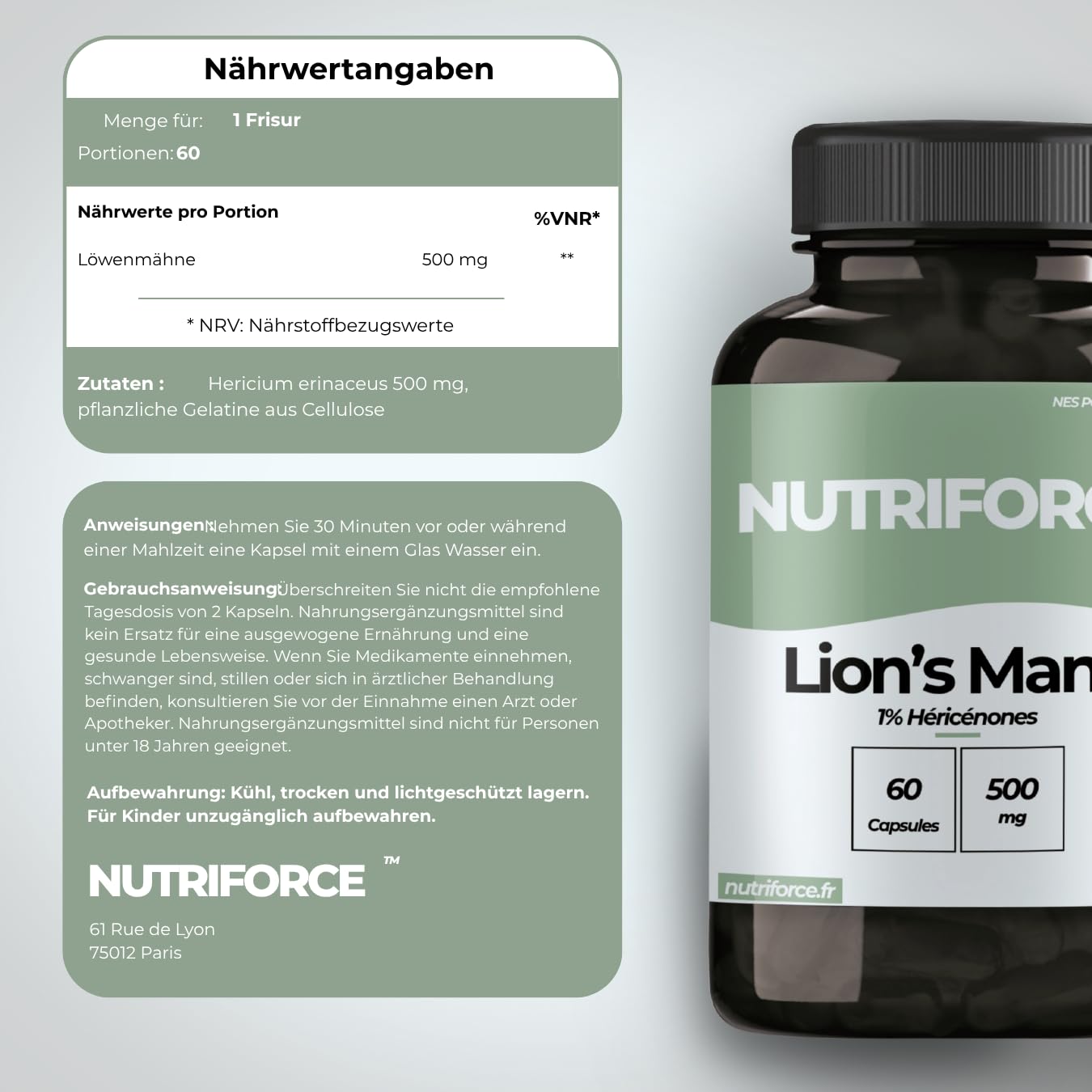 Lion's Mane 500mg Kapseln (Hericium Erinaceus) – Kognition, Gehirngesundheit, Konzentration, Focus & Stimmung – 60 Vegane Kapseln – 2 Monate – Frankreich