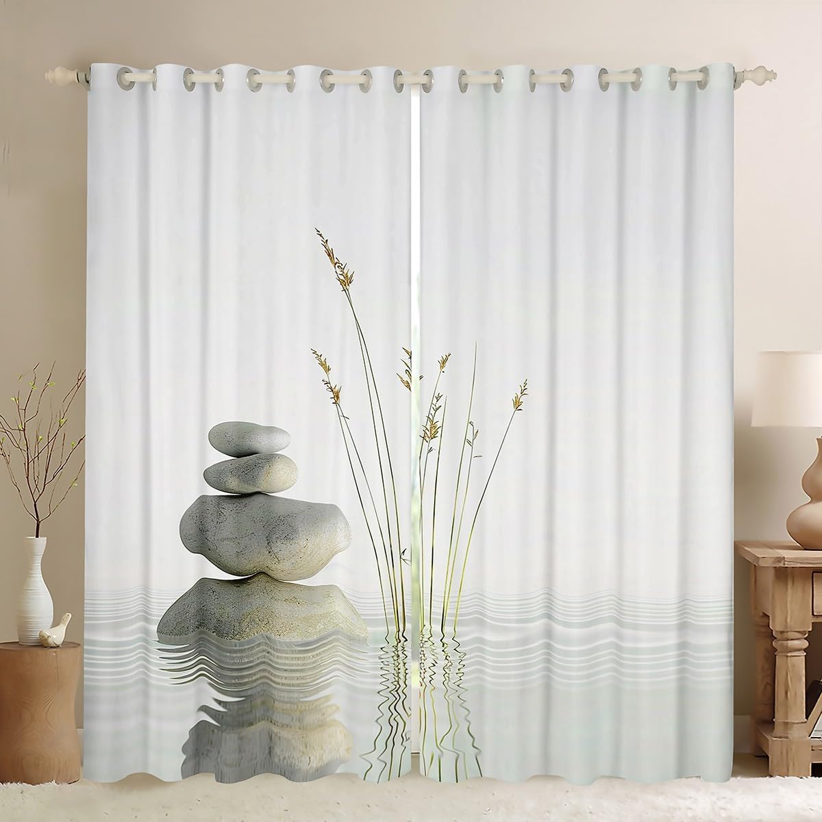 Zen Stones Print Curtain Meditation Darkening Window Dreapes for Bedroom Tranquil Nature Artwork Blackout Curtains(30%-50% ) Zen Spiritual White Window Treatments Decor (2 Panels, 42 x 63 Inch)