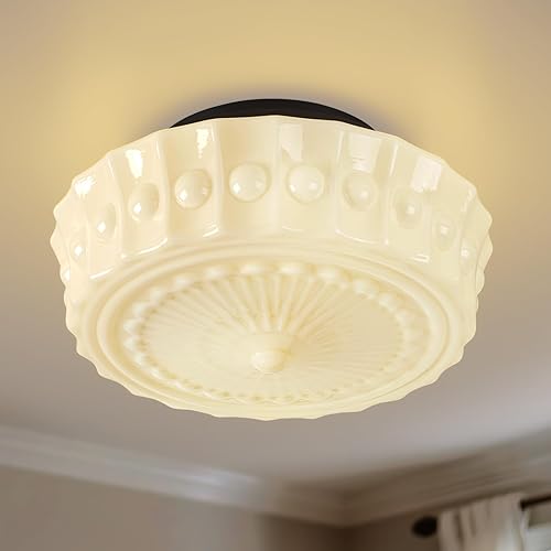 Miniatura 12 de Lámpara de techo de vidrio de leche blanca, iluminación de montaje al ras de 13.8 pulgadas para dormitorio, pasillo, cocina y comedor, diseño Blanco