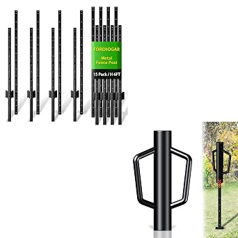 Metal Fence Post 6 Feet Black, Pack of 15 Bundle Post Driver 12LB