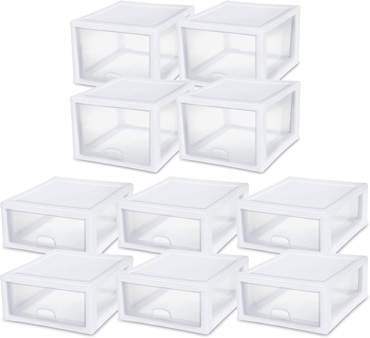 Organizadores de cajones apilables de 27 cuartos, paquete de 4 y 16 cuartos, paquete de 6 | Marco blanco: cajones grandes de almacenamiento de plástico para armario, tocador, gabinete, dormitorio, despensa y organización del baño