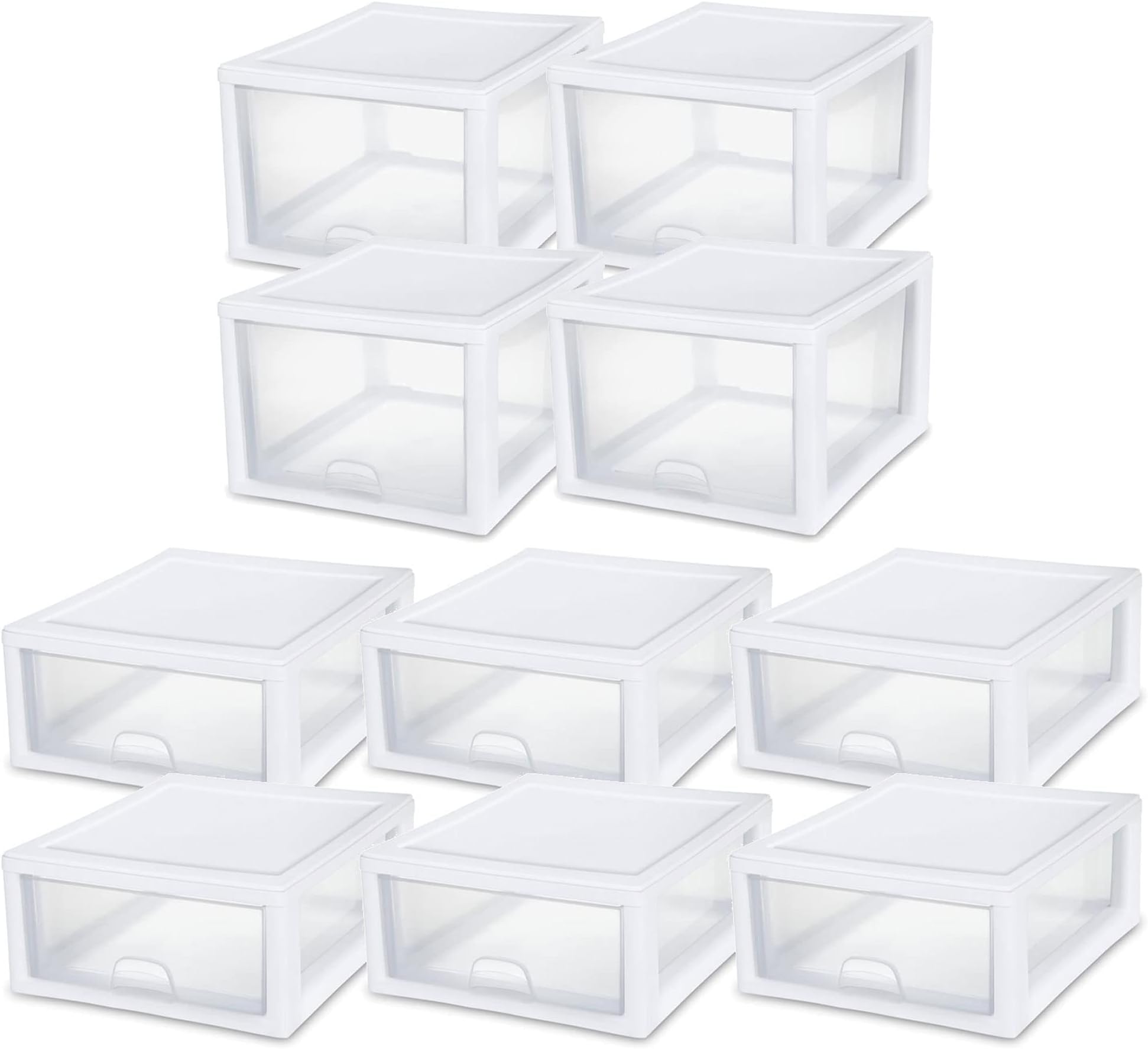 27 Qt (4 Pack) and 16 Qt (6 Pack) Clear Plastic Stackable Organizer Drawers, White