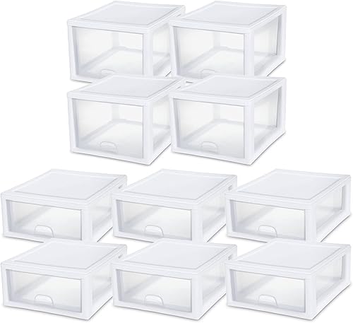 Sterilite Cajones organizadores apilables de plástico transparente de 27 cuartos (4 unidades) y 16 cuartos de galón (paquete de 6), color blanco