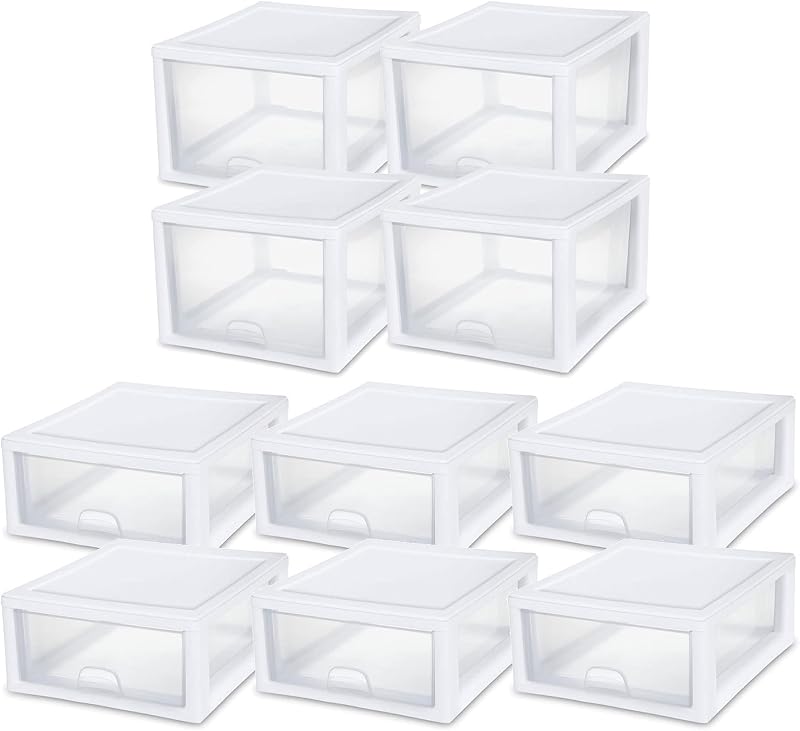 Organizadores de cajones apilables de 27 cuartos, paquete de 4 y 16 cuartos, paquete de 6 | Marco blanco: cajones grandes de almacenamiento de plástico para armario, tocador, gabinete, dormitorio, despensa y organización del baño