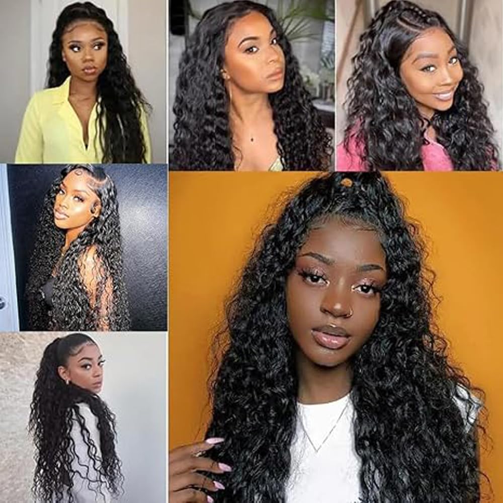 Human Hair Wig Water Wave Natural Black 13x4 Lace Front 34 Inch