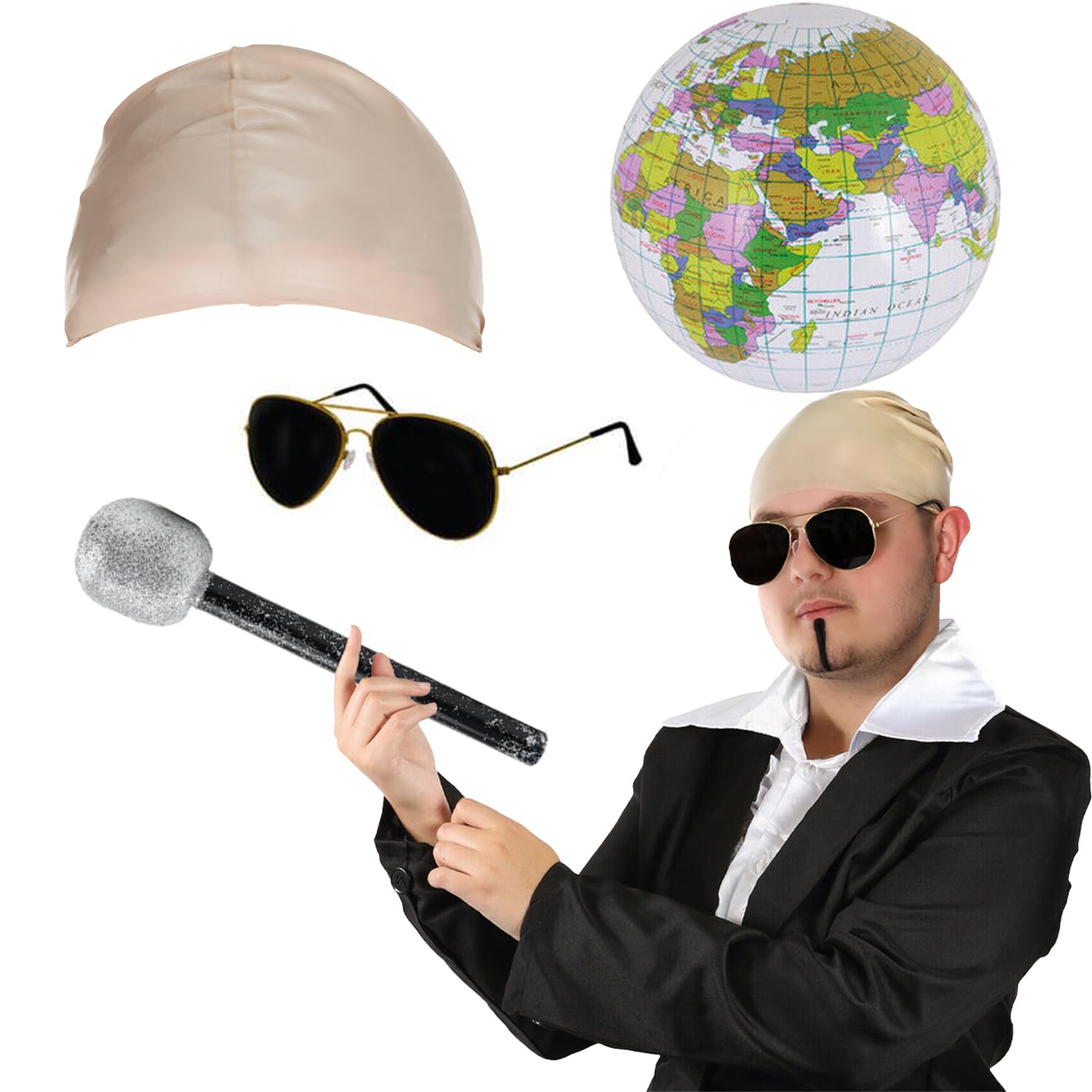 Adults Mr Worldwide Accessory Set - Nude Latex Bald Cap, Black Sunglasses, Inflatable Globe, Microphone, Black Soul Patch - Mens Ladies Music Icon Famous Celebrity Fancy Dress Costume Accessory Set