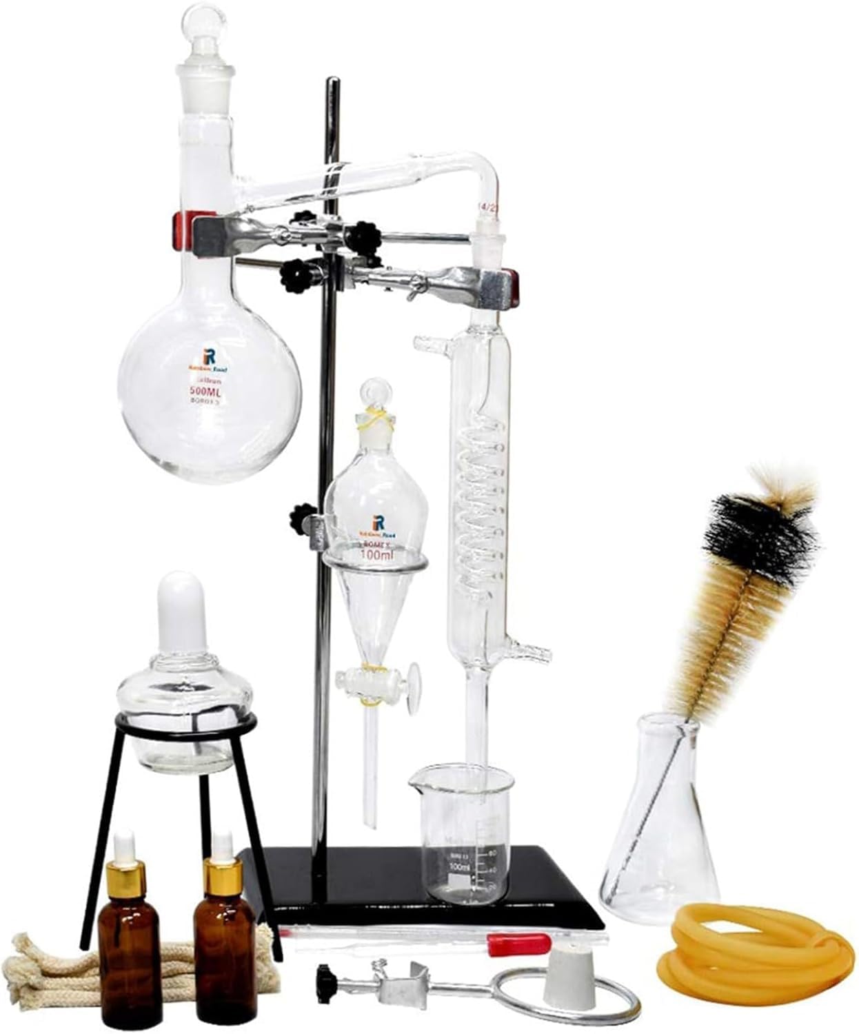 Labordestillationsset, 500 ml Destilliergerät für ätherische Öle, Destilliergerät für zu Hause, um Ihr eigenes ätherisches Öl herzustellen, Glaswaren-Kits, für Heimwerker, Extraktion von ätherischen Ö