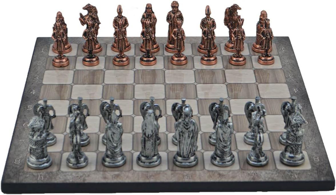 Metal Chess Sets for Adult Ottoman vs Byzantine Empire Antique Copper Figures,Handmade Pieces and Different Design Wooden Chess Board (Platin Oak)