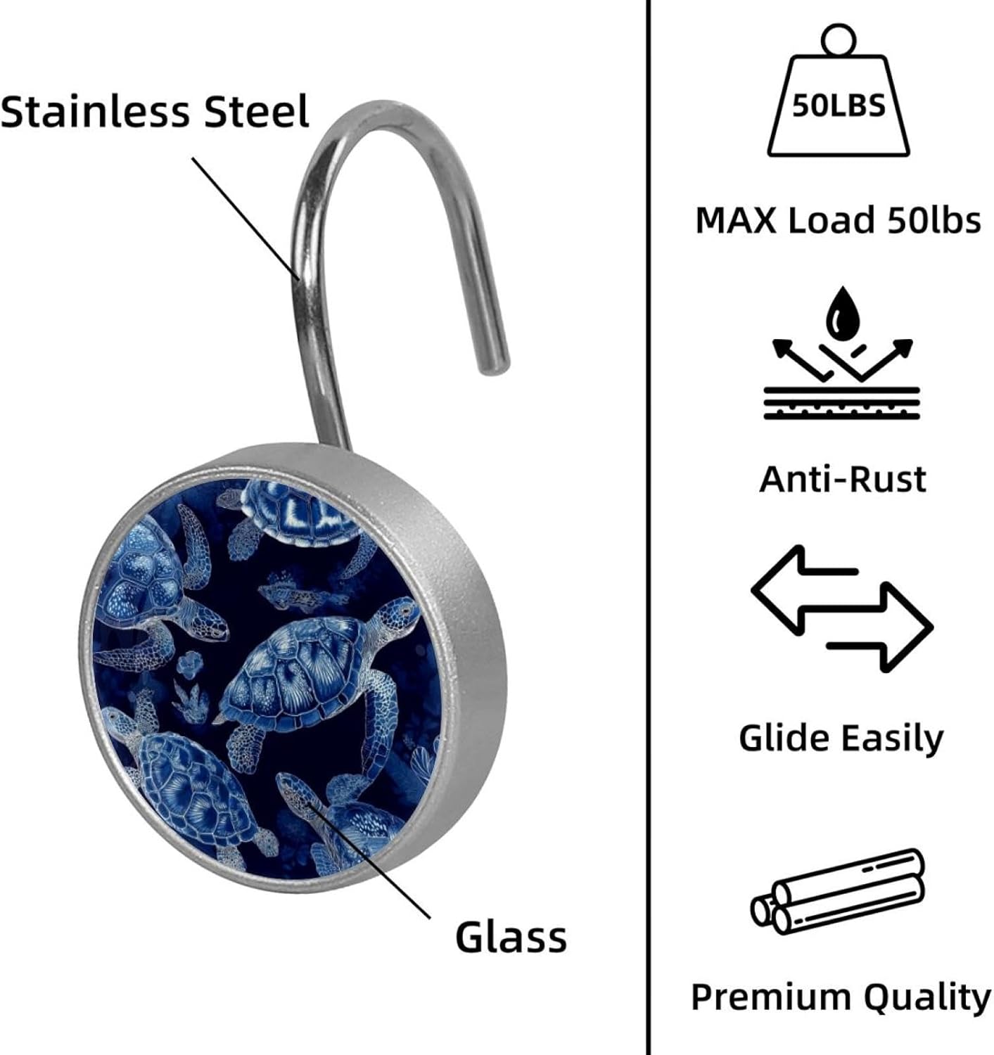 Art Sea Turtles Navy Blue (2) Round Crystal Glass Decorative Shower Curtain Hooks with 3D Pattern Visual, Rust Proof Shower Curtain Rings-12 Pack