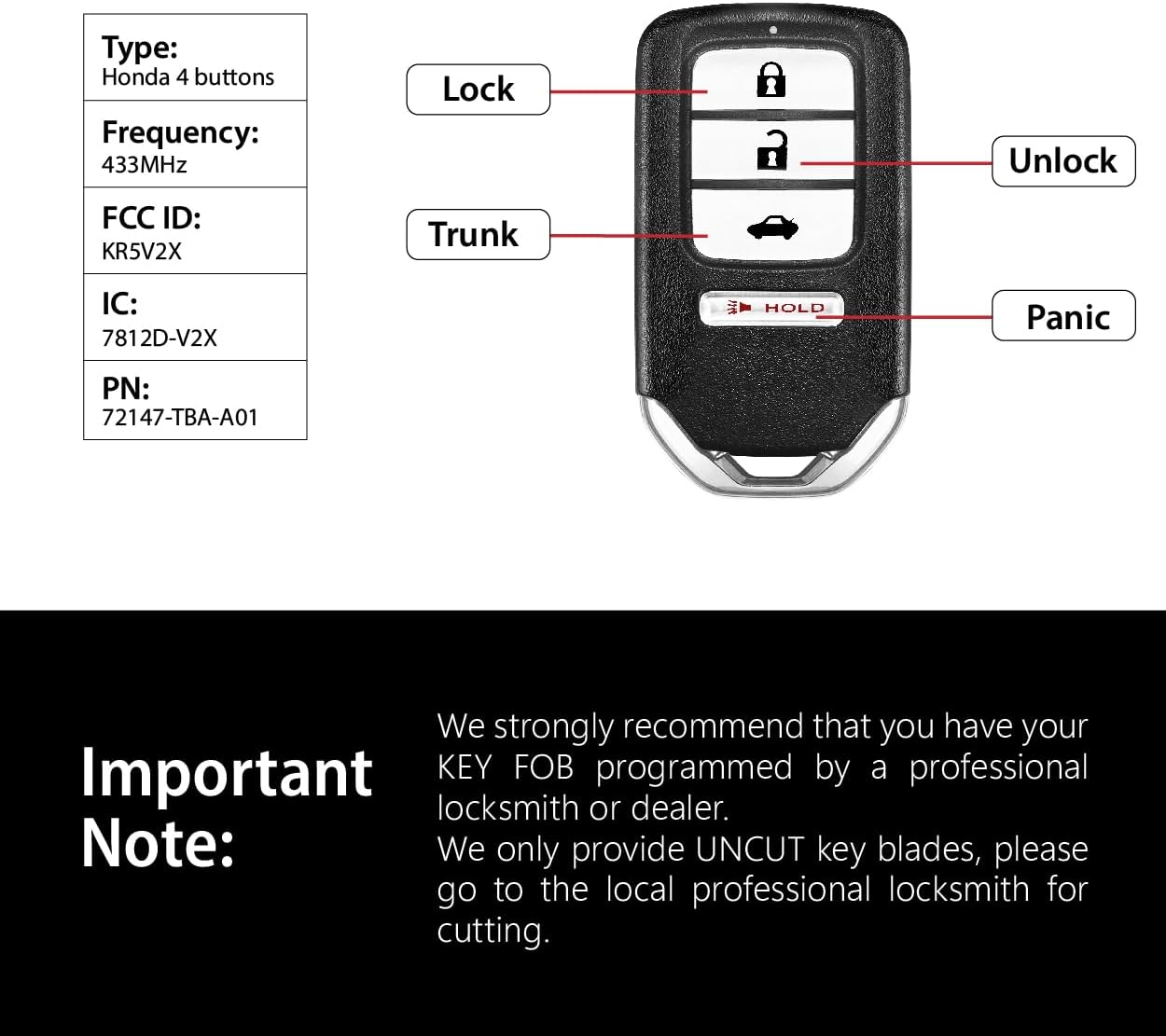 Replacement for 2017 2018 2019 2020 Honda Civic EX SI Key Fob Remote Control KR5V2X 4 Buttons 433MHz