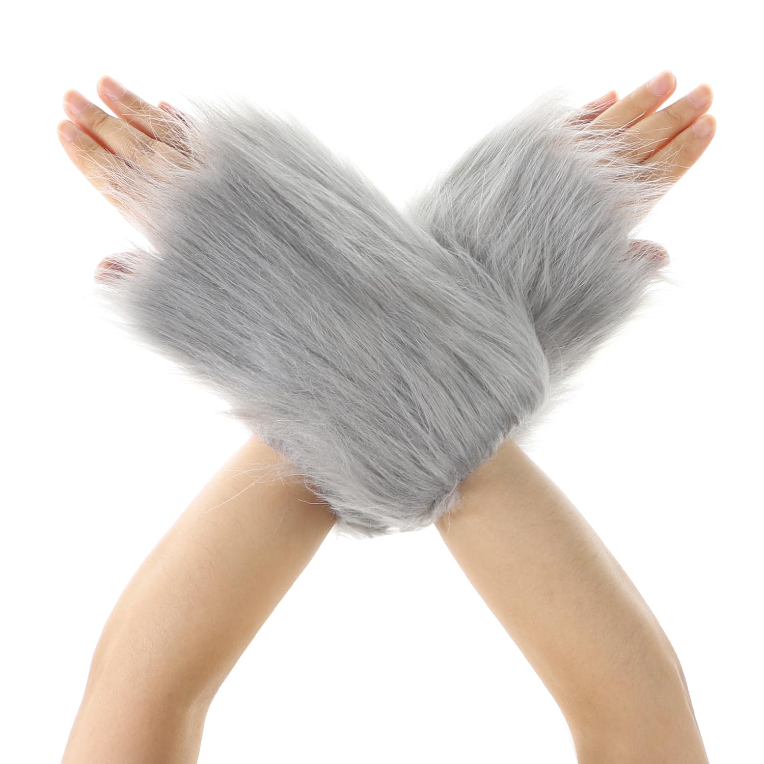 Half Finger Novelty Thermal Mittens Plush Fingerless Gloves Cat Wolf Faux Fur Mittens Furry Plush Bear Fox Animal Paw Glove Cute Claw Gloves Winter Warm Cat Cosplay Glove Halloween Costume for Women