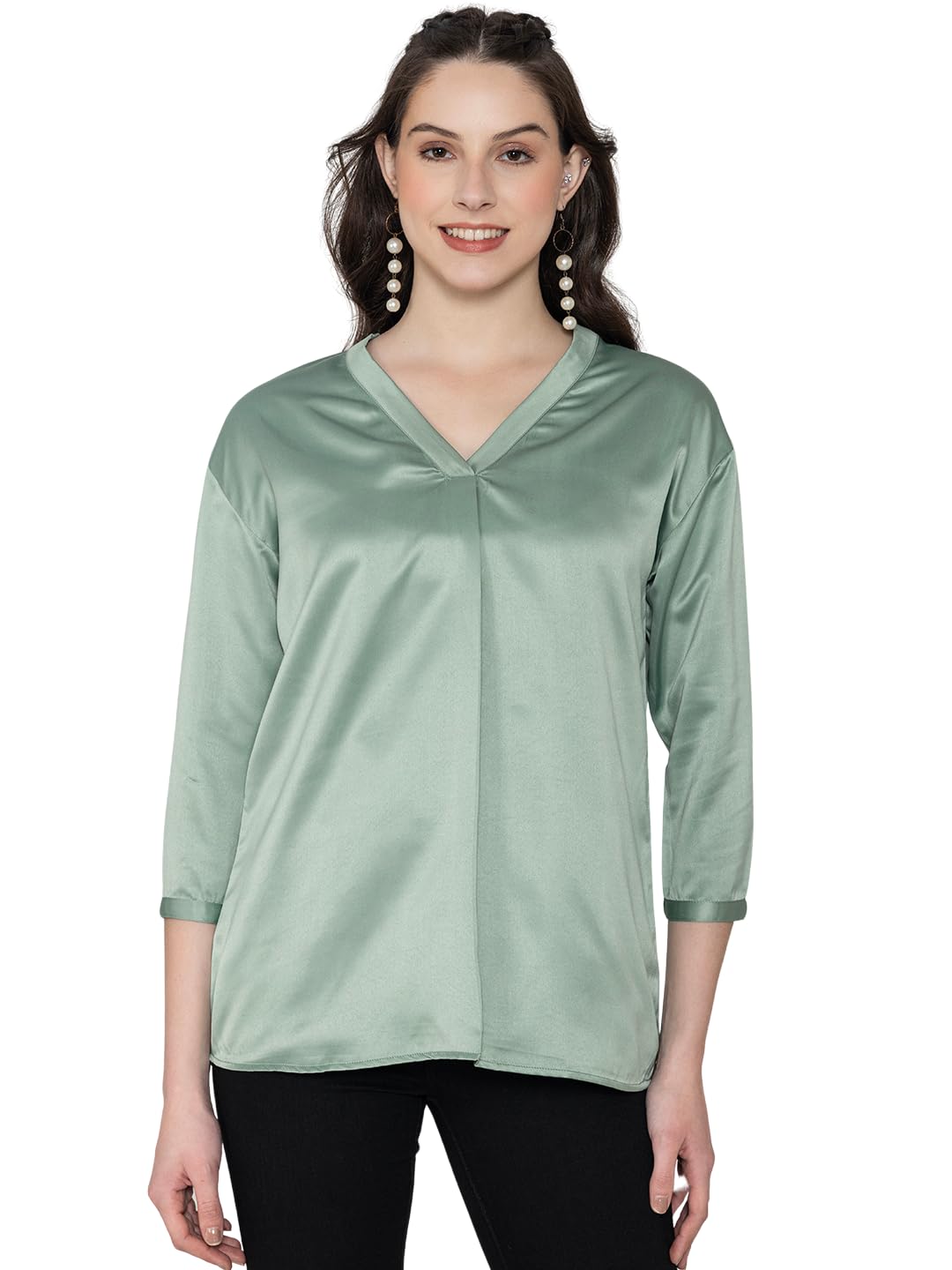 lounge dreams Light Green Solid Satin V-Neck Women's Top-picture-10