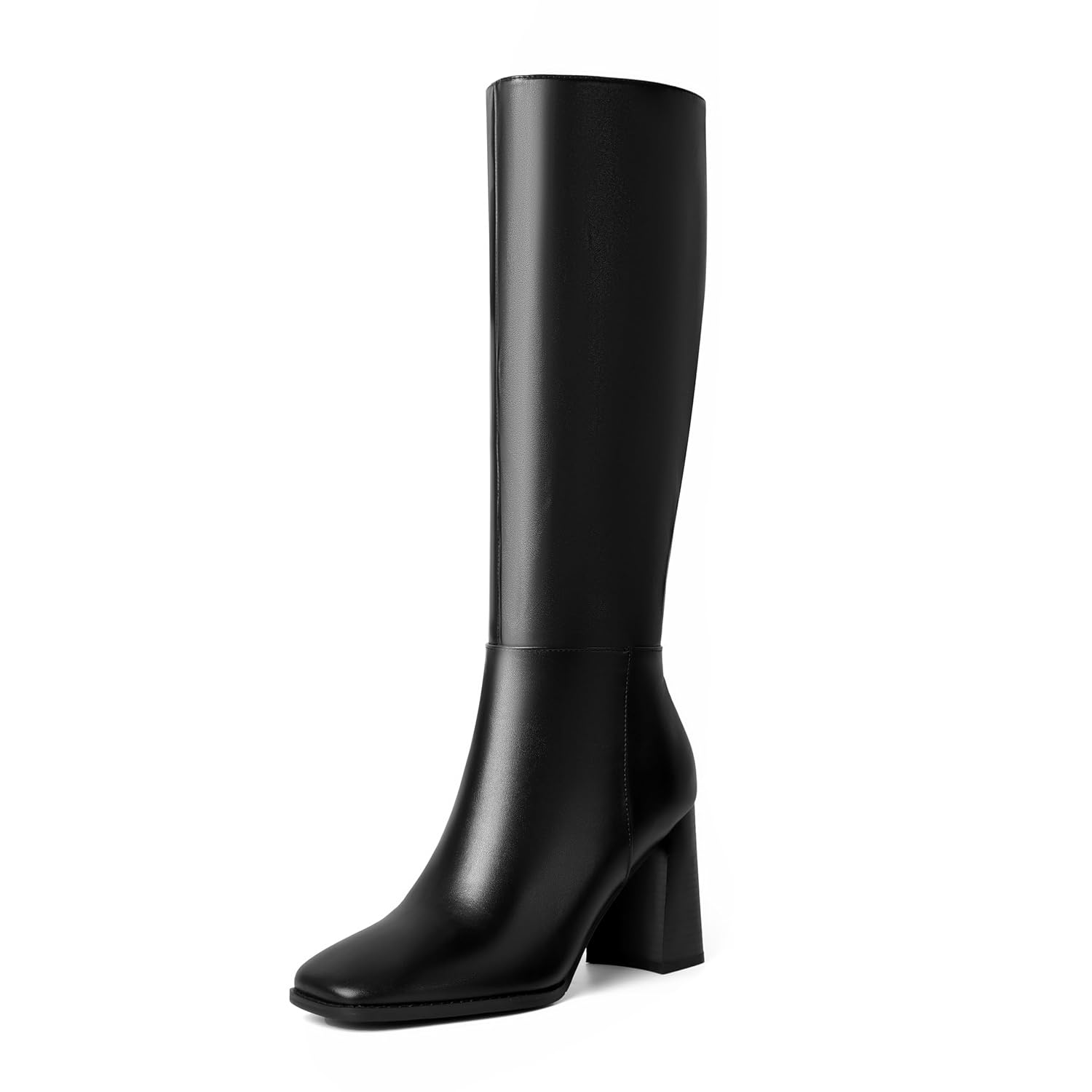 vivianly Knee High Boots Women Leather Square Toe Chunky Block Heel Tall Boots with Side Zipper Comfortable Fashion
