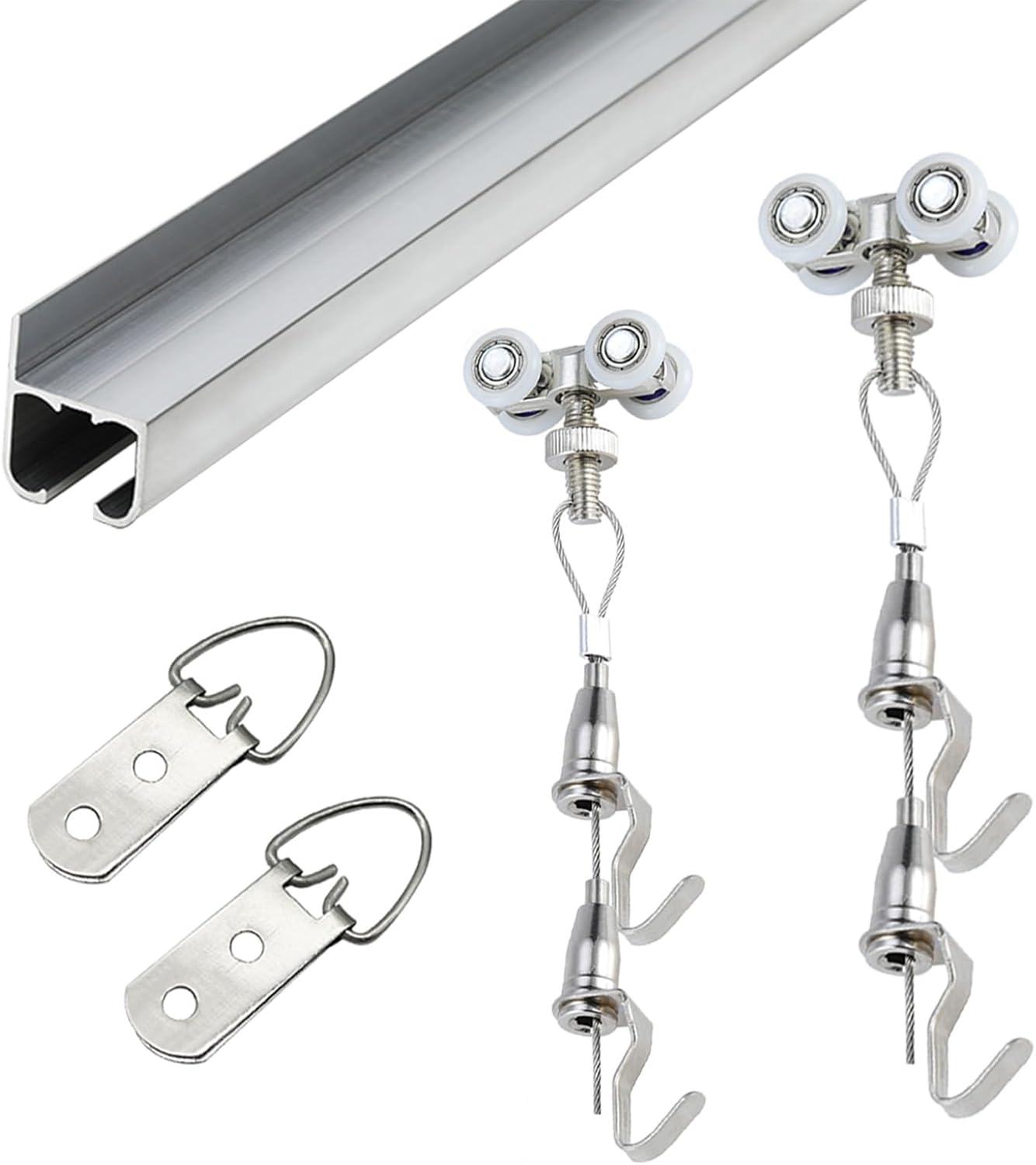 Picture Hanging System - Silver Photo Rail Track for Wall, Heavy-Duty Display Hanger with Pulleys, Ideal for Public Spaces, 1m Rail & 2m Cord Included