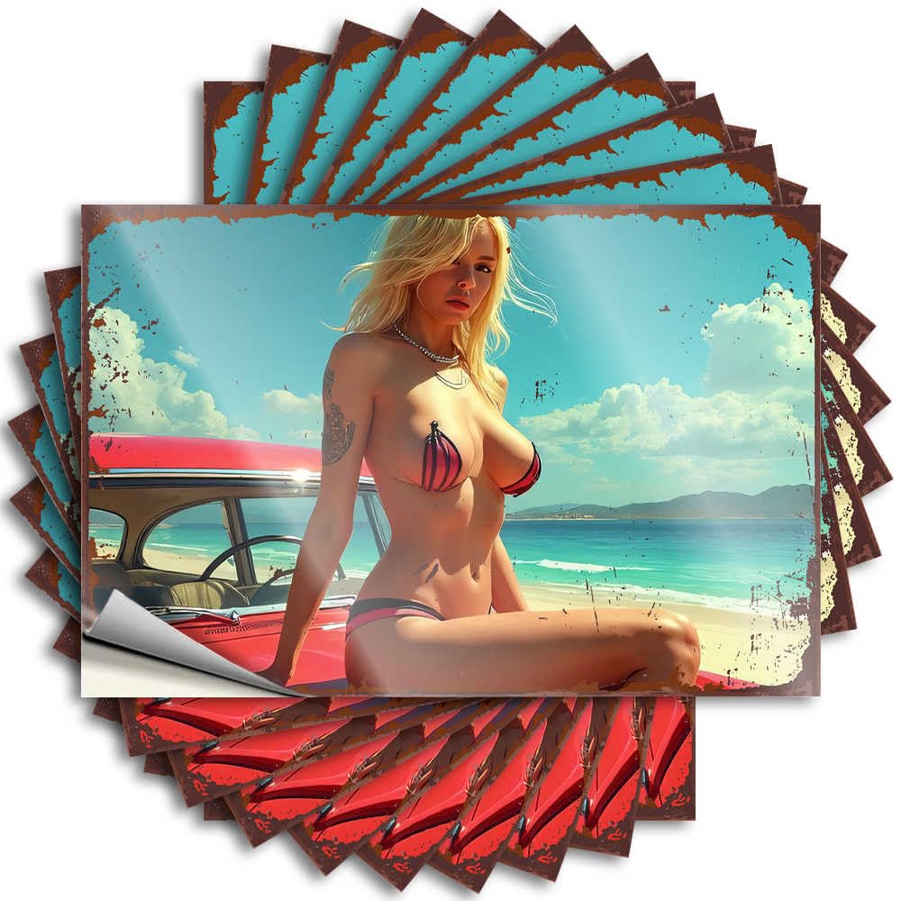 Man Cave Decor Hard Lettering Sticker - Beachside Beauty with Classic Car Books Durable Sticker Easy Apply for Billiards Decor(8X12CM)