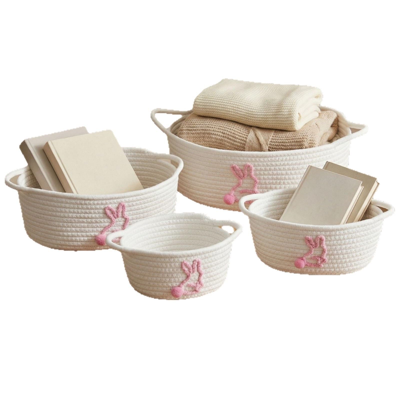 Cesta de almacenamiento de cuerda de algodón tejida a mano con asa, diseño de conejo, organizador de escritorio, cesta para la ropa sucia, caja de artículos pequeños para el hogar (púrpura, grande)