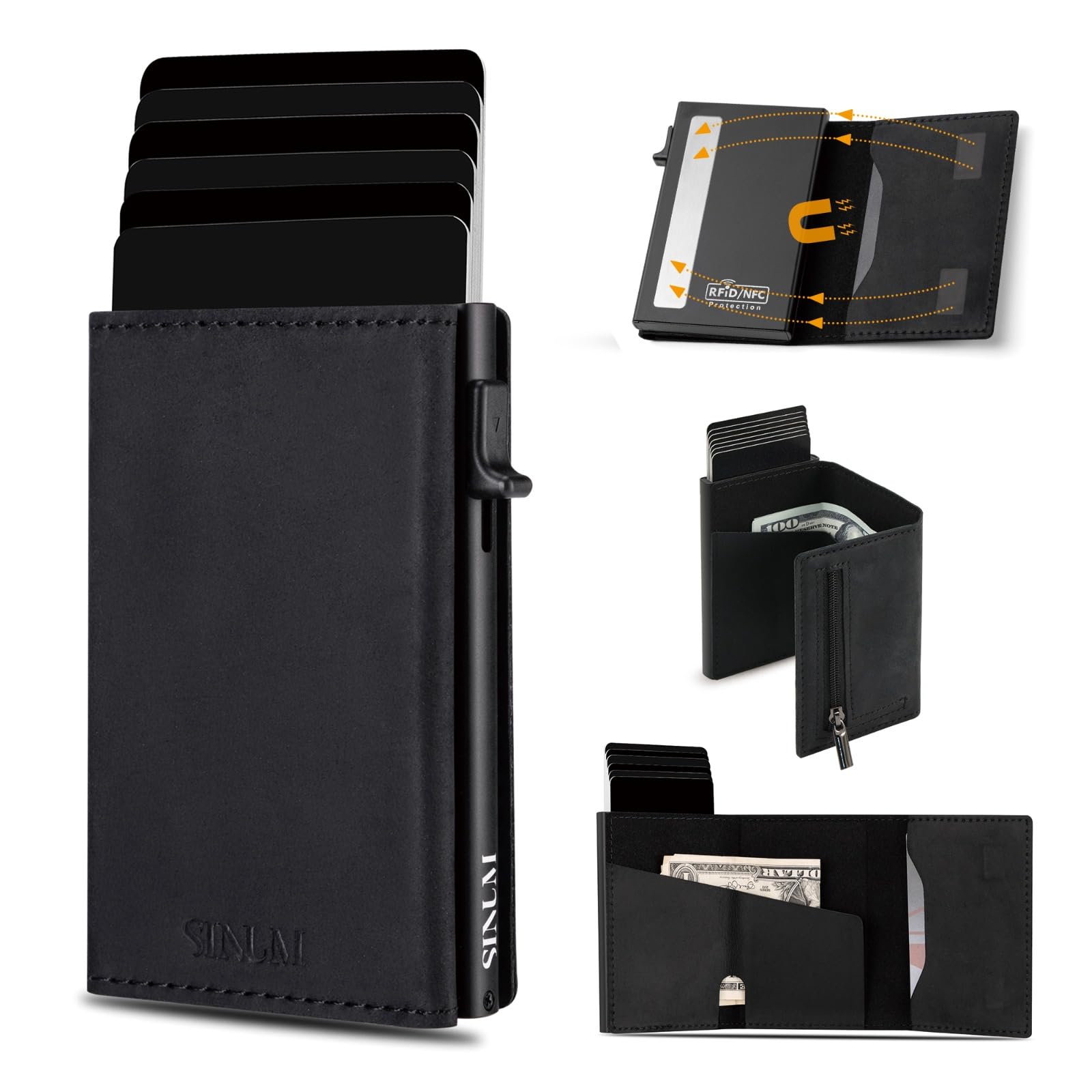 Portafoglio Pelle Crazy Horse - Chiusura Magnetica - Porta Carte Di Credito con Portamonete - Protezione RFID Anticlonazione - Brand Italiano (Pelle Crazy Horse, Nero)