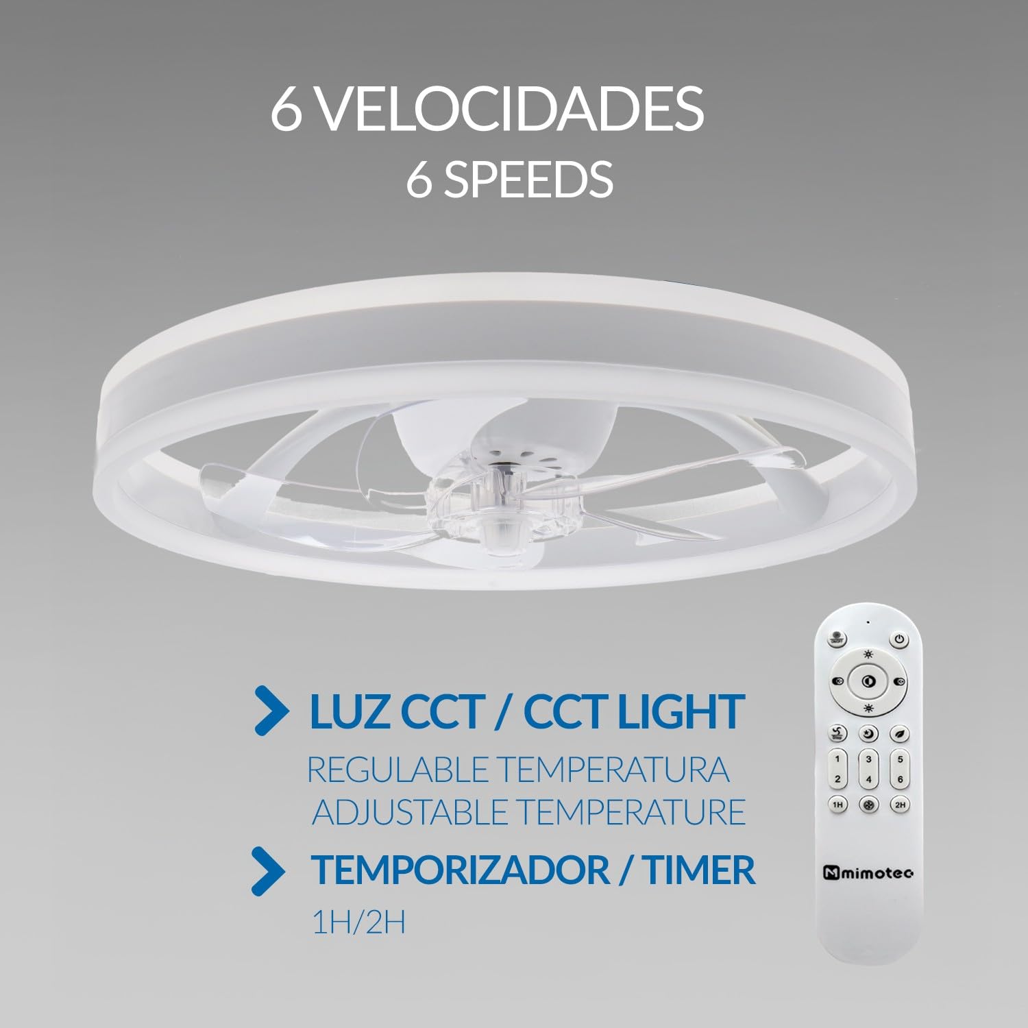 M mimotec - Wentylator sufitowy z oświetleniem LED Verona 36 W, biały i pilot zdalnego sterowania, silnik DC, 6 prędkości, styl lampy sufitowej, funkcja lato-zimowa, timer, z aplikacją