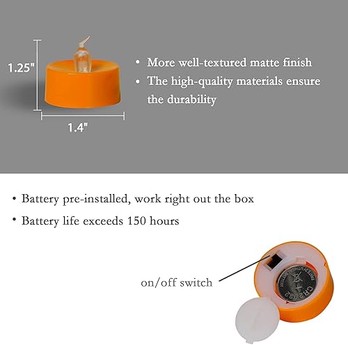 Miniatura 6 de Paquete de 24 velas de té naranja para Halloween, velas LED que funcionan con pilas, luces de calabaza pequeñas con bombilla blanca cálida, sin
