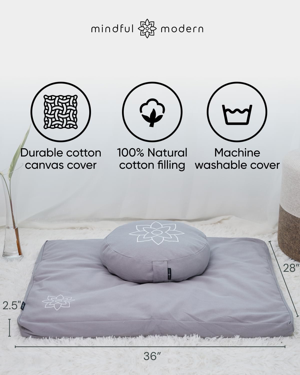 Mindful & Modern Zabuton Meditation Mat - Cotton Filled Yoga and Meditation Pad - Zabuton Meditation Cushion for Kneeling and Sitting Support - Large Rectangular Sitting Floor Pillow for Bench or Zafu