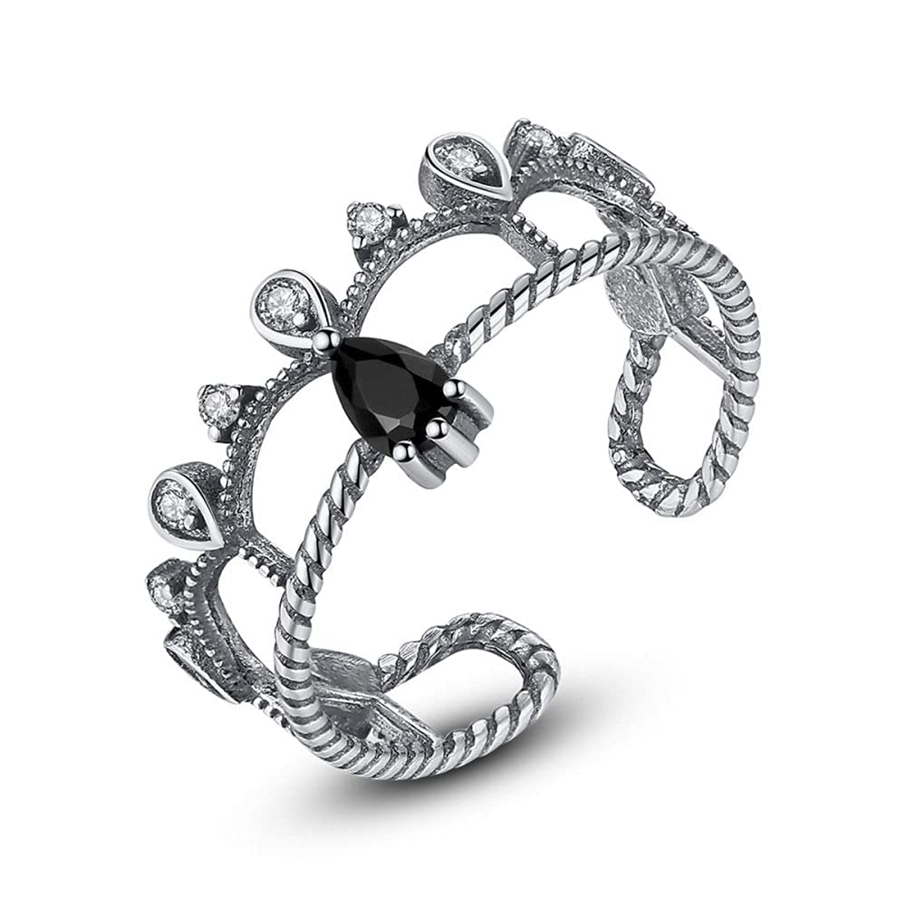 Bague obsidienne rétro en argent S925 avec zircon pour superposition - 7
