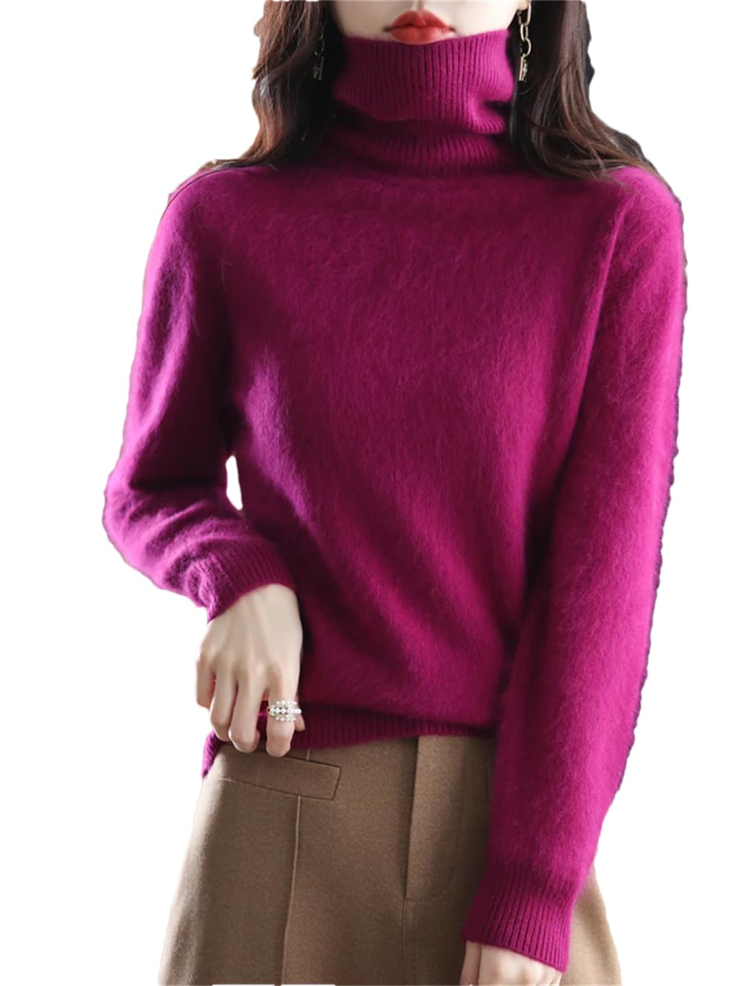 Damski sweter z golfem w jednolitym kolorze, wąski, miękki, ciepły, długi rękaw, Burgund, XL