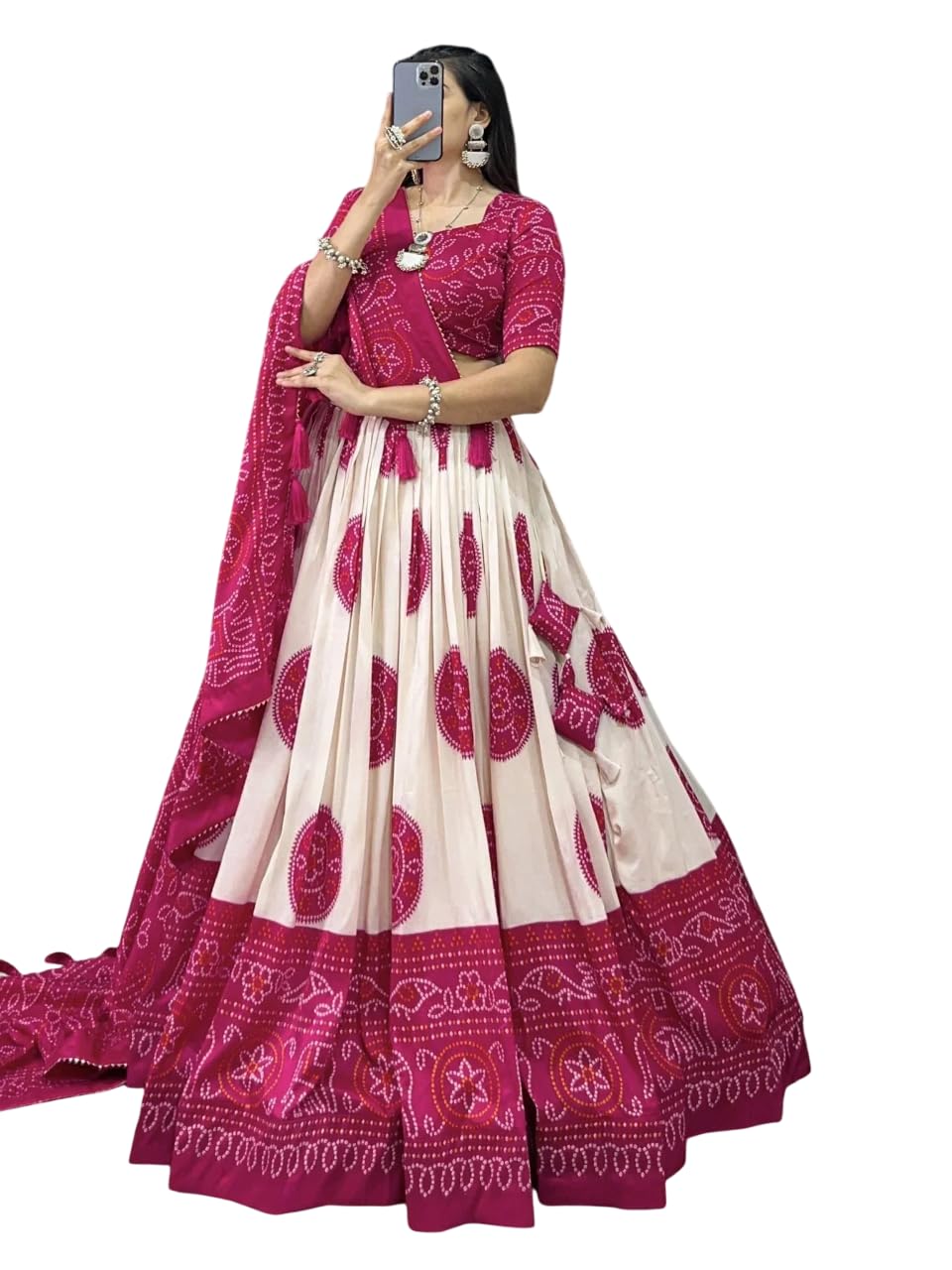 Women's Rani Pink Bandhani Printed Tussar Silk Lehenga Choli-picture-37