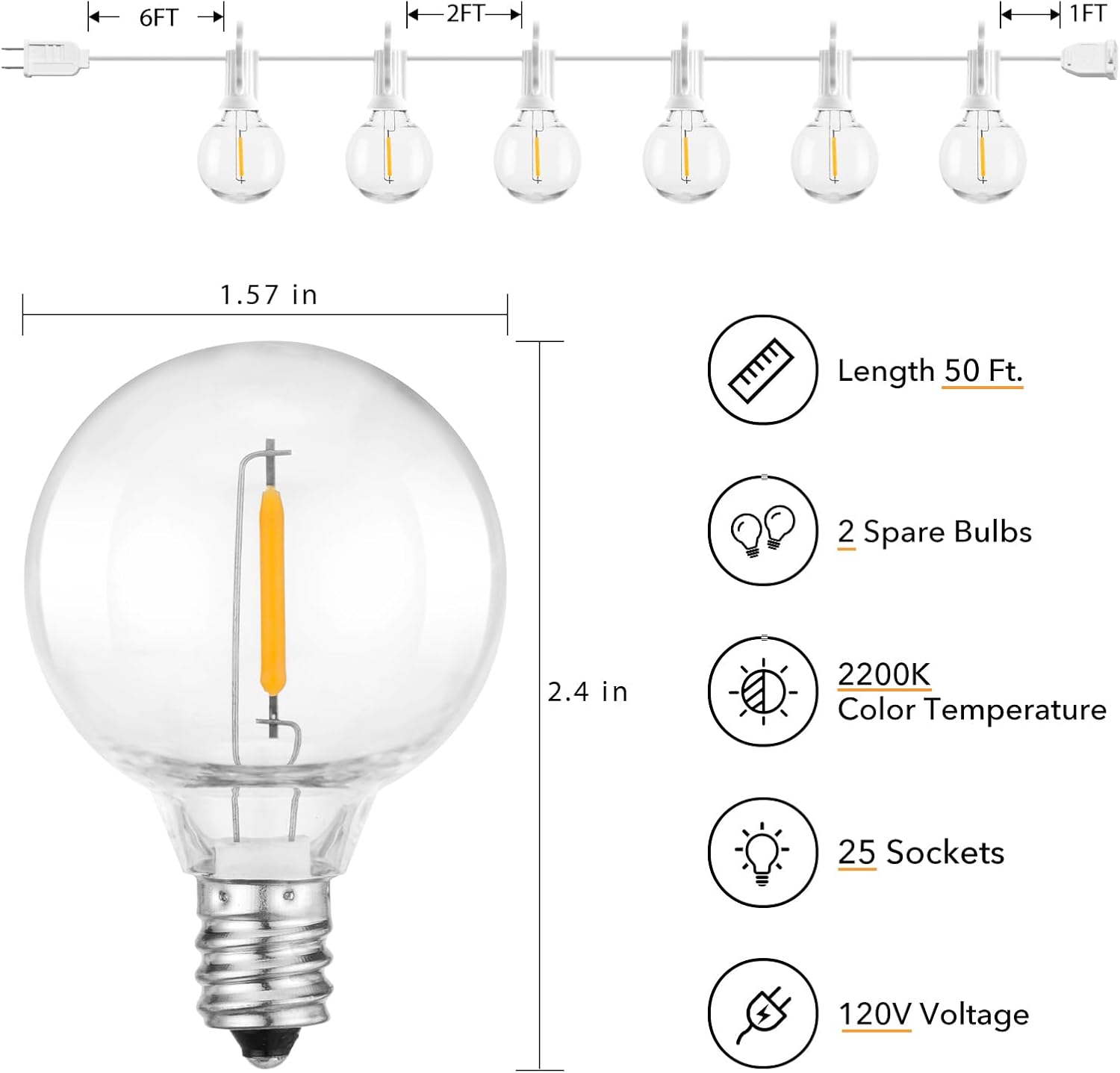 brightown outdoor string lights, 50ft 25 g40 bulbs shatterproof patio lights, ip65 waterproof dimmable hanging connectable globe led outdoor lights for backyard, bistro, porch, deck, balcony, white white 50ft - 25 bulbs (pack of 1)
